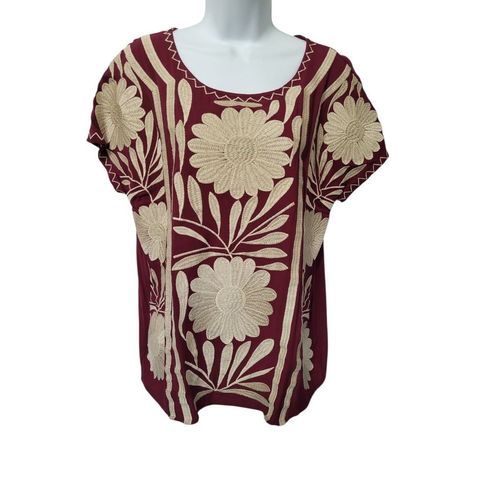 Layerz Clothing Top Womens M Floral Embroidered Short Sleeve Wine Boho Feminine